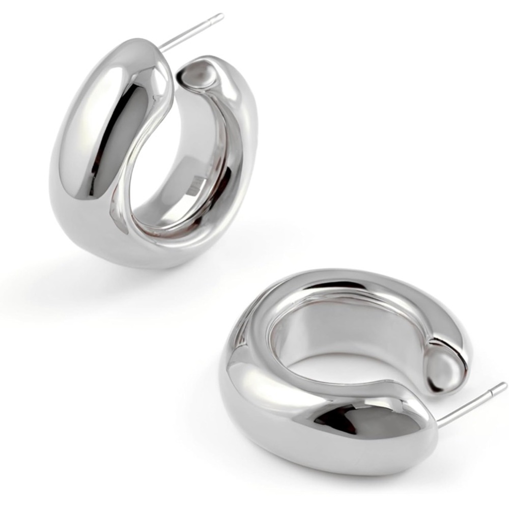 ❤️ 2 pairs of Chunky Silver Hoop Earrings Set